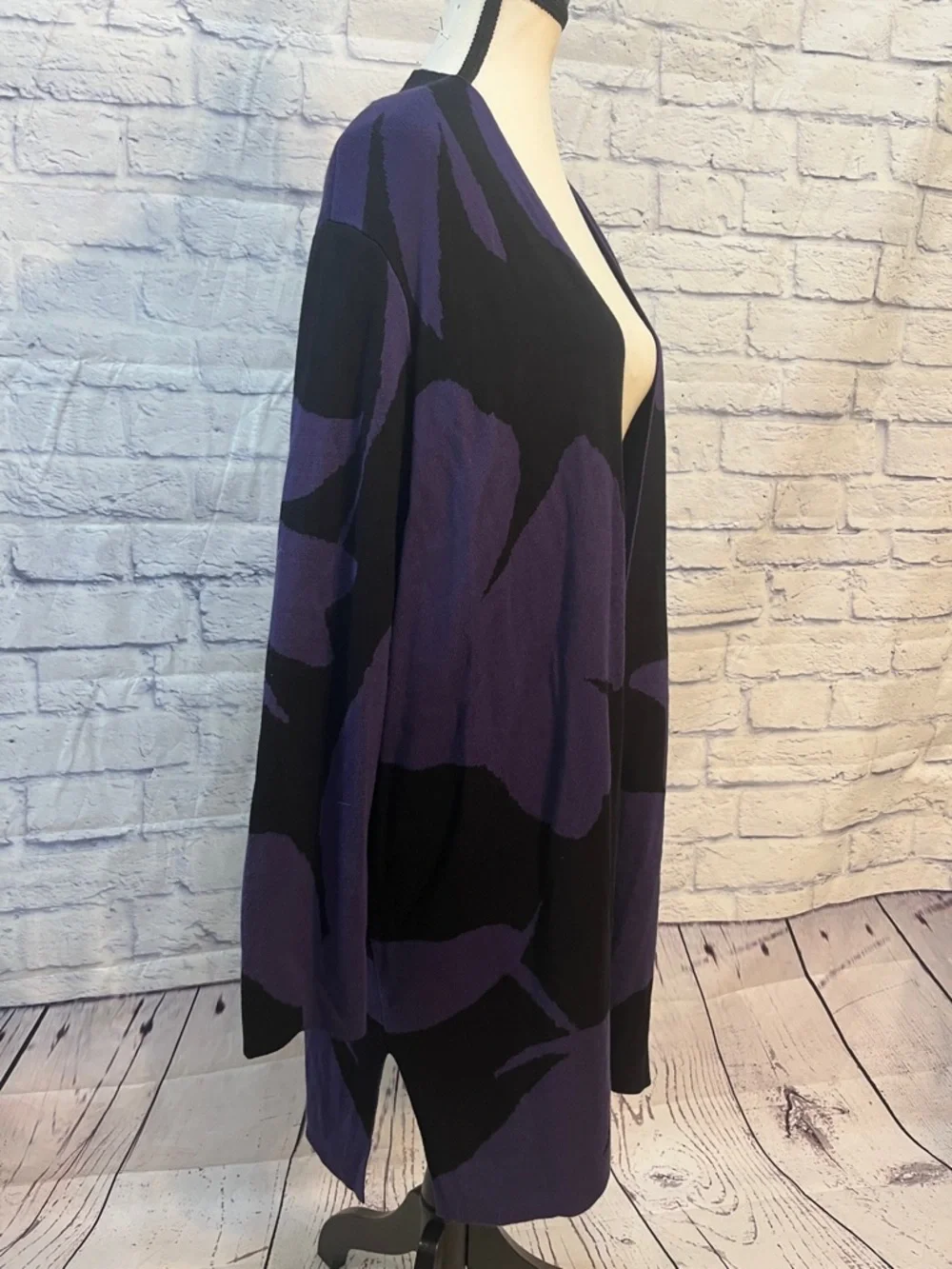 Chico’s Long Sweater Jacket Duster Purple/Black Floating Foliage NWT Chicos 3 XL